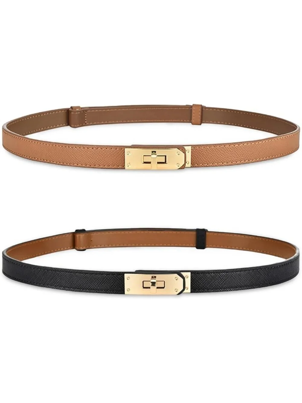 Stylish Women's Skinny Leather Belt with Adjustable Gold Turn-Lock Buckle for